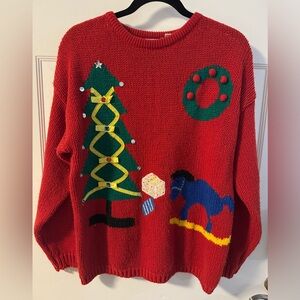 Vintage 80’s Red Ugly Christmas Knit Jeweled Sweater Grannycore Sz L 90’s Fun